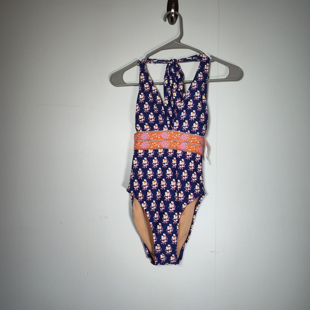 J.Crew NEW Halter V-Neck One Piece Swimsuit Navy Block Print Floral AV289 Size 0 - Picture 2 of 10